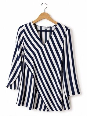 Chico’s Travelers Navy White Stripe Tunic Top Size 2 NWT Classic Coastal